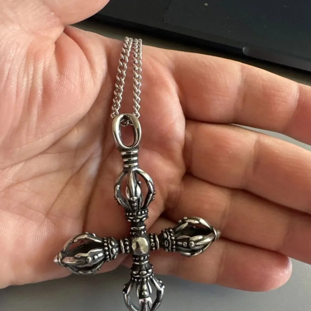 Tibetan Stainless Cross Vajra Dorje Amulet Keychain Pendant Buddhist Ritual Tool